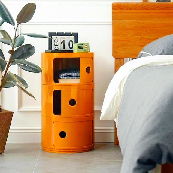 3 Tier Round Nightstand with Storage, Modern Style Side Table, Small Cupboard Cabinet with 3 Drawers for Living Room, Bedroom, Bathroom, Narrow Space, Orange