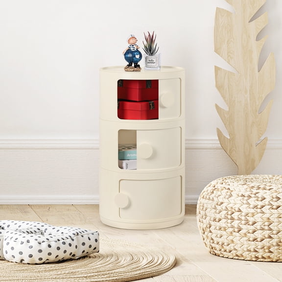 3Tier Round Plastic Storage Cabinet, Cream White Stackable Nightstand with Drawers