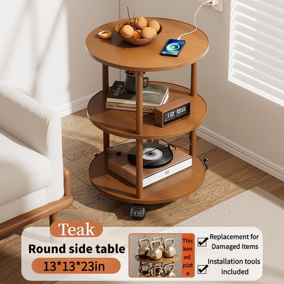 3 Tier Round Rolling Side Table with Lockable Casters for Living Room Bedroom