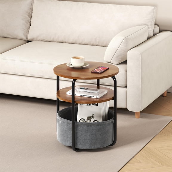 3 Tier Round Side Table with Fabric Basket, Modern Small Computer Desk with MDF Top and Metal Frame, Space Saving Bedside Table for Bedroom, Living Room, Office, Dorm, Balcony