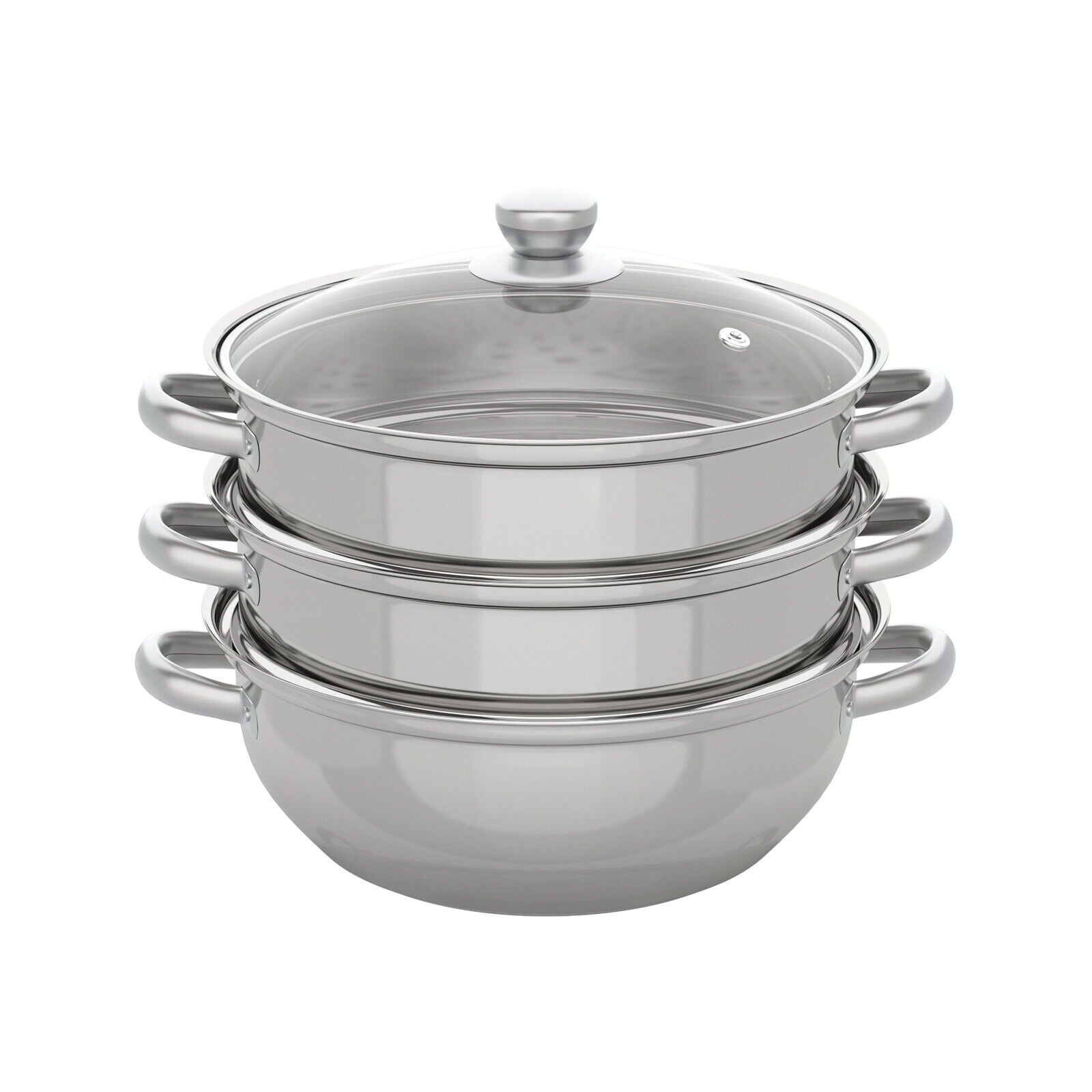 12.8-inch Silver Stainless Steel 3-Tier Steamer Pot with Glass Lid