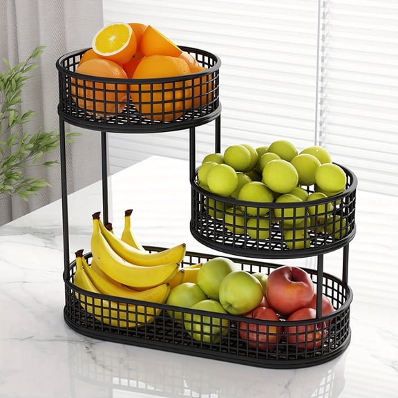 3-Tier Rust-Resistant Metal Fruit Basket (Large Capacity), Kitchen Organizer for Bread/Veggies/Fruits - New Year Storage Upgrade