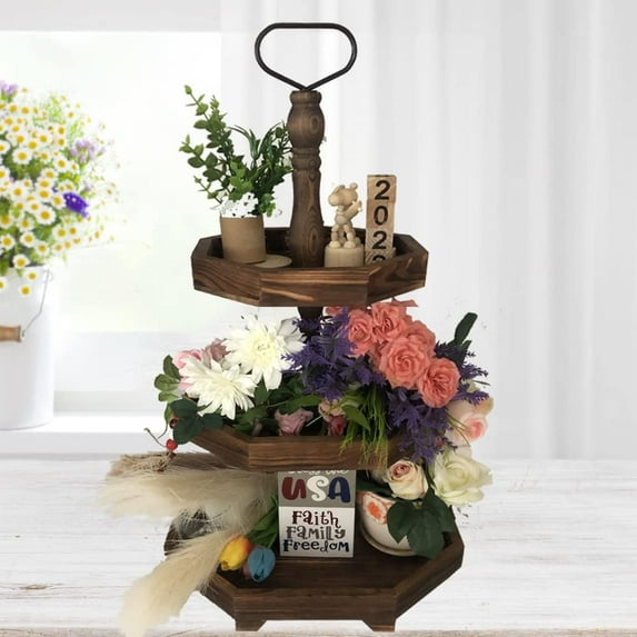 3-Tier Rustic Black Wooden Serving Tray | Farmhouse Cupcake Stand & Kitchen Organizer | 27"x15" Tall Tiered Tray for Dining Table, Fall Decor, Country Home Decor