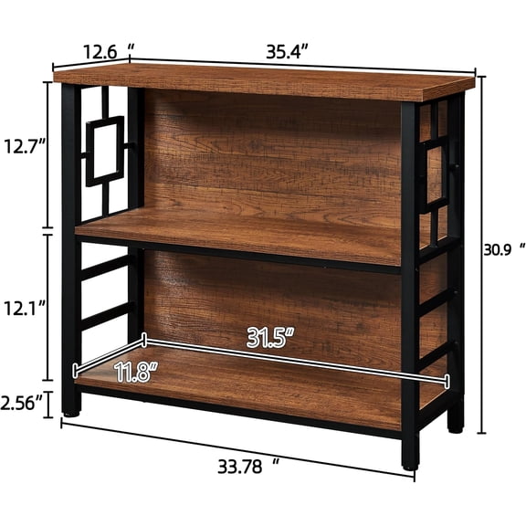 3-Tier Rustic Brown Bookshelf with Storage, Deep Engineered Wood and Metal Corner Shelf for Small Spaces Living Room Bedroom Office