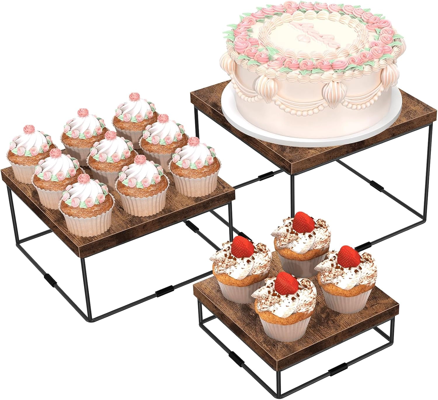 3 Tier Rustic Brown Wood Buffet Risers and Stands, 3Pcs Cake & Cupcake ...