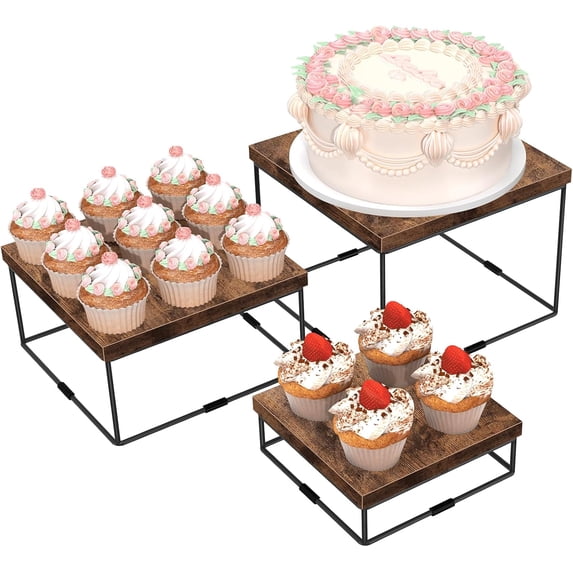 Wood Rustc 3 Tier Rustic Brown Wood Buffet Risers and Stands, 3Pcs Cake & Cupcake ...