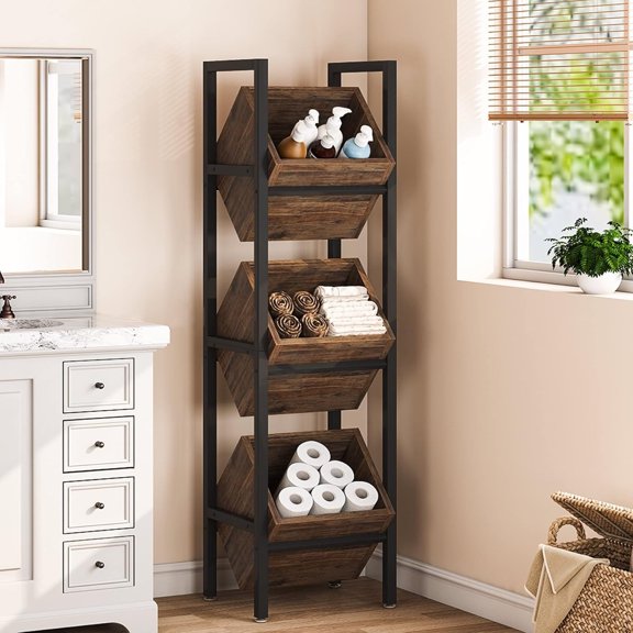 3-Tier Rustic Wood Snack Rack, Vertical Fruit Stand Storage Tower for Kitchen, Bathroom, Living Room