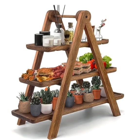 3-Tier Rustic Wooden Serving Stand, Decorative Rectangular Display Tray for Cake, Bread, Fruits, Cheeses & Pastries, Ideal for Parties, Weddings & Home Decor
