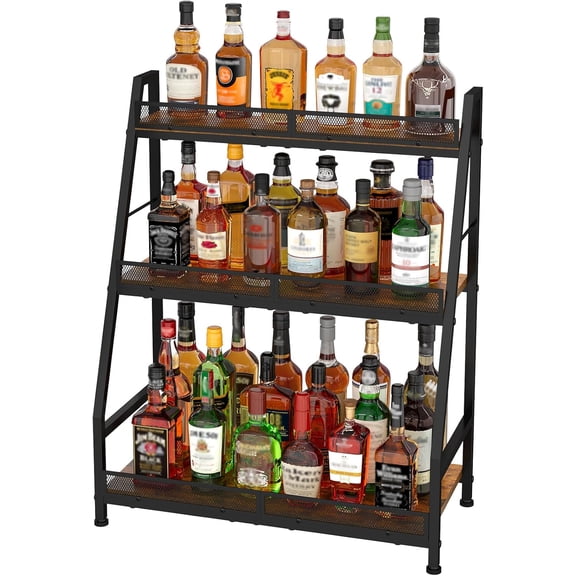 3-Tier (Safe Height for Kids & Pets) Expanded Liquor Stand, Trapezoid Wine Rack Freestanding Floor, Large-Capacity Bar Stand for Liquor Whiskey Wine Storage, Vintage Liquor Cabinet Bar for Home