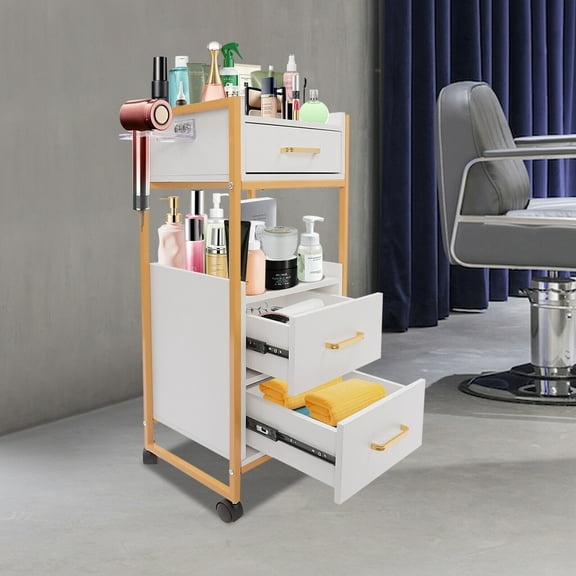 3 Tier Salon Trolley Cart with Wheels,Barber Station Hair Cart Makeup Storage Organizer with Drawers, Salon Trolley Makeup Holder for Hair Stylist Barber Shop Beauty Salon, White