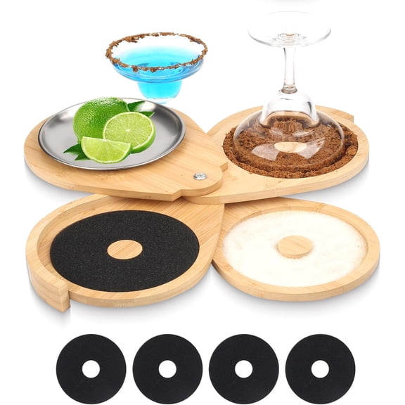 3-Tier Salt Rimmer for Cocktails,Bamboo Margarita Salt Rimmer Set with Stainless Steel Saucer for Glass Rimmer for Cocktalls, Suger and Salt Rimmer for Wide up to 5.1inch