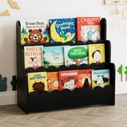 3-Tier Scalloped Bookshelf, Montessori Bookcase for Toddlers, Wooden Book Shelf Organizer Display Furniture for Kids Rooms, Playroom, Nursery and Classroom, Black