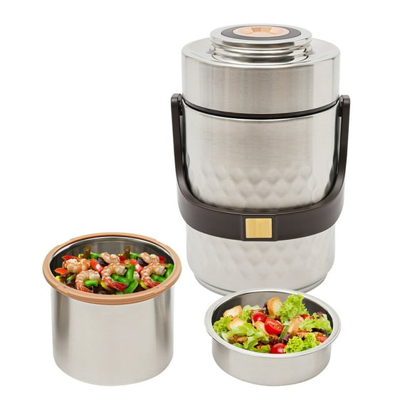 3-Tier Sealed Stackable Food Thermos Silver Insulated Thermal Lunch Box