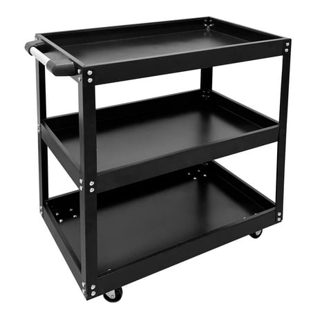 3-Tier Service Cart 440 lbs Capacity Metal cart on Wheels for Garage Warehouse Workshop Use Stainless Steel Utility Cart Black/Red (Black)