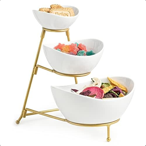 3 Tier Serving Bowls with Stand, Chips and Dip Serving Dishes Set for Entertaining Party, Ceramic Fruit Bowl for Salad Soup Snacks, Microwave & Dishwasher Safe
