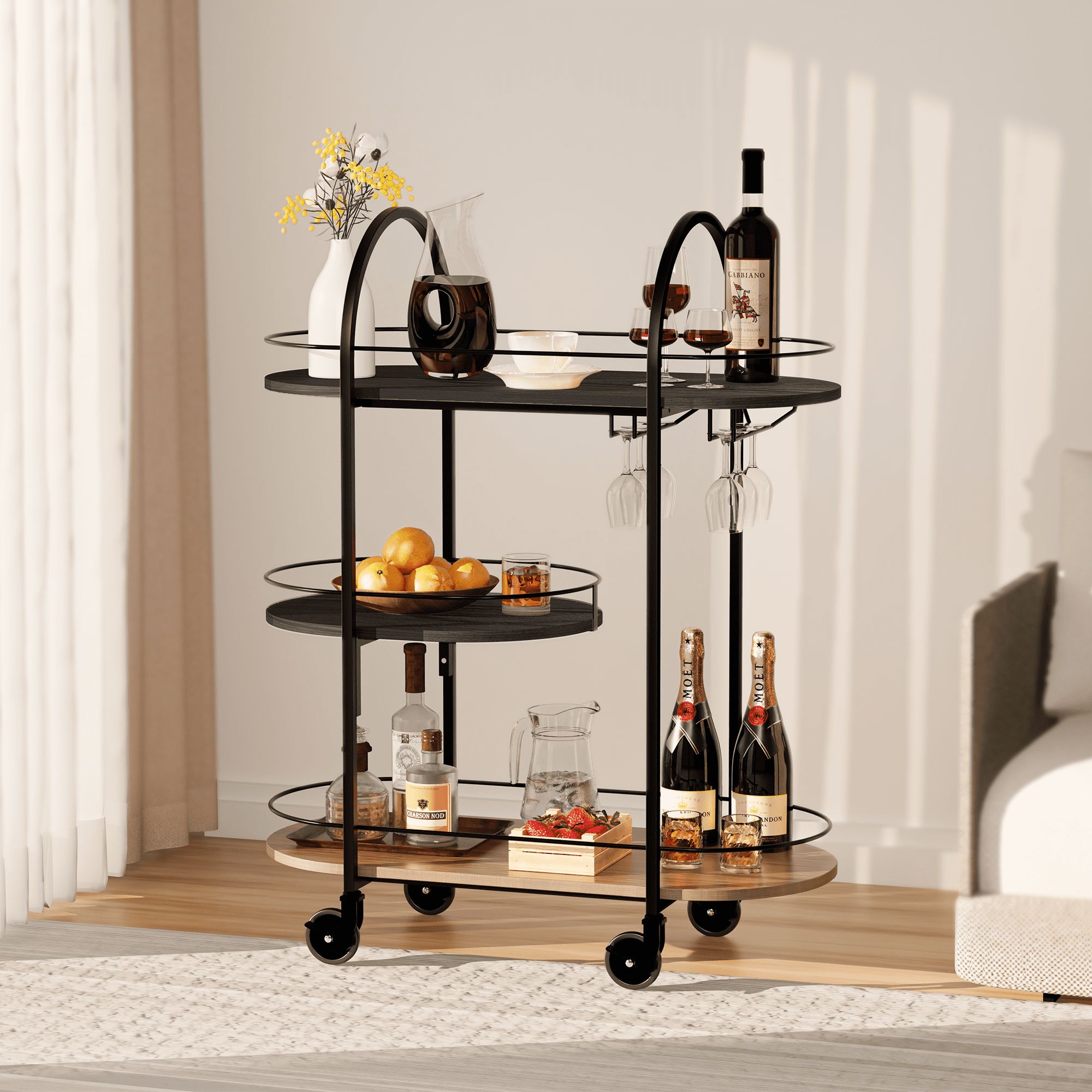 3-Tier Serving Cart Bar Cart with Wine Rack and Glass Holder, Semi ...
