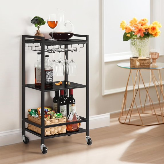 3 Tier Serving Cart for Home Rolling Bar Cart with Glass Holders