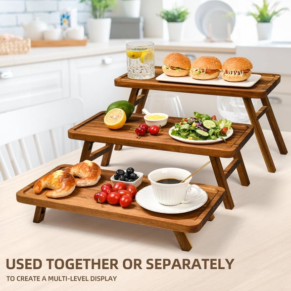 3 Tier Serving Stand, Acacia Wood Dessert Table Display Cupcake Stand, Rustic Foldable 3-Tiered Serving Trays & Platters, Large Charcuterie Board for Birthday Wedding Bridal Shower Tea Party