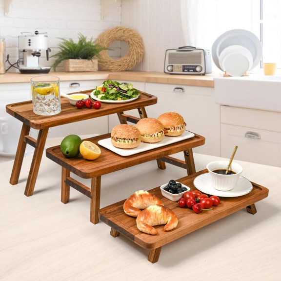 3 Tier Serving Stand, Acacia Wood Dessert Table Display Cupcake Stand, Rustic Foldable 3-Tiered Serving Trays & Platters, Large Charcuterie Board for Birthday Wedding Bridal Shower Tea Party