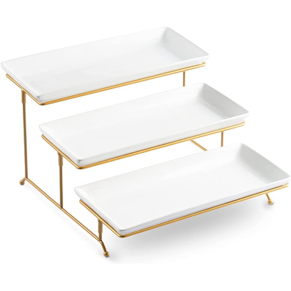 3 Tier Serving Stand and Platters Set Large Tiered Serving Platters with Collapsible Sturdier Rack 14 Inches Tiered Serving Tray for Appetizer Fruit, Dessert and Cupcake, White