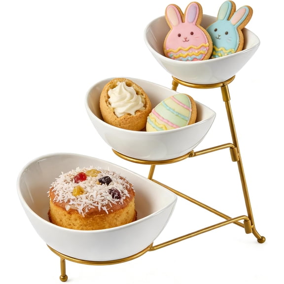 3 Tier Serving Stand and Platters Set Large Tiered Serving Platters with Collapsible Sturdier Rack 14 Inches Tiered Serving Tray for Appetizer Fruit, Dessert and Cupcake