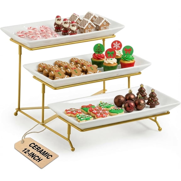 3 Tier Serving Stand Porcelain Serving Platter Tier Serving Trays with Collapsible Sturdier Rack, Serving Dishes and Platters for Thanksgiving, Christmas, Entertaining, Gold, 12 Inch