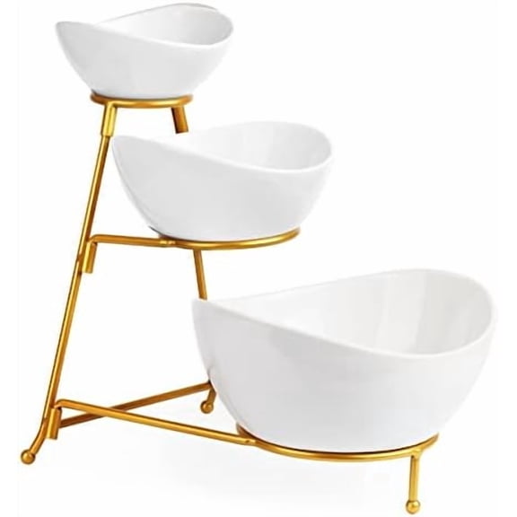 3 Tier Serving Stand Serving Dishes for Entertaining Porcelain Oval Bowl Set Tiered Serving Tray for Fruit, Vegetable, Nuts, Salad, Chip Dip Bowl Set for Thanksgiving, Christmas, Gold
