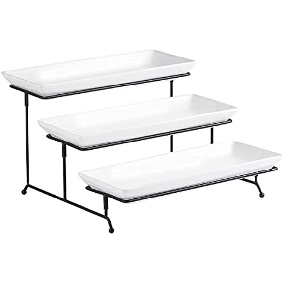 3 Tier Serving Stand Tiered Serving Stand with 3 Porcelain Serving Platters Trays for Dessert Server Display Collapsible Sturdier Metal Rack Large Size 14 inch$$Home Decor, Kitchen, & Other