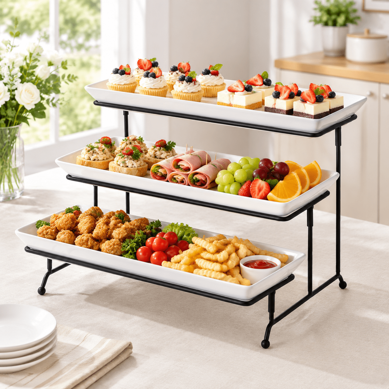 3 Tier Serving Stand Tiered Tray Stand with 3 Porcelain Serving ...