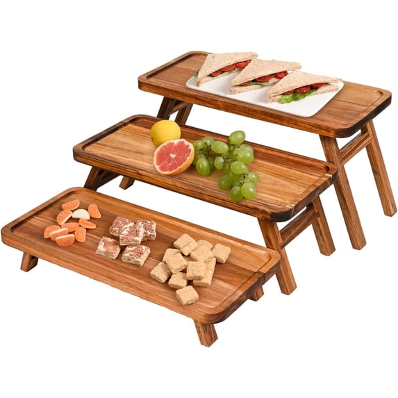 3 Tier Serving Tray Acacia Wooden Tiered Tray Stand Foldable Dessert ...