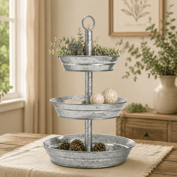 3 Tier Serving Tray, Galvanized Metal Cupcake Stand Vintage Dessert Appetizer Stand, Rustic Home and Garden Display Stand for Country Farmhouse, Kitchen, Indoor, Outdoor Use