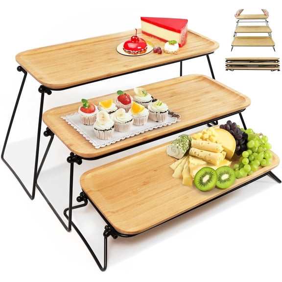 3 Tier Serving Tray for Party Dessert and Appetizer Stand, Wooden Three Tiered Serving Tray Stand & Platter Tower Plate for Fruit Cookie Afternoon Hosting, Dessert Table Display Set