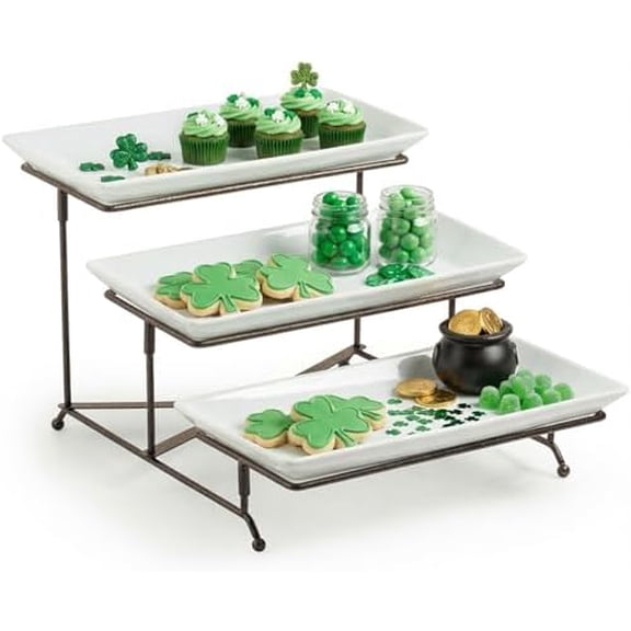 3 Tier Serving Tray for Party, Porcelain Tiered Serving Tray Stand Collapsible Sturdier Metal Rack Fruit Tray with 2 Cross Bars for St. Patrick's Day Dessert Party Display Set, 12 Inch, Bronze