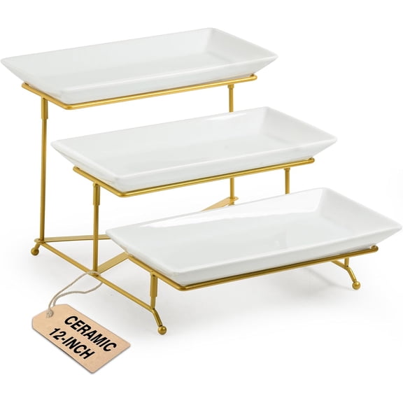 3 Tier Serving Tray, Porcelain Serving Platter Tier Serving Stand with Collapsible Sturdier Rack, Serving Trays and Platters Dessert Party Display Set for Mother's Day, Gold, 12 Inch