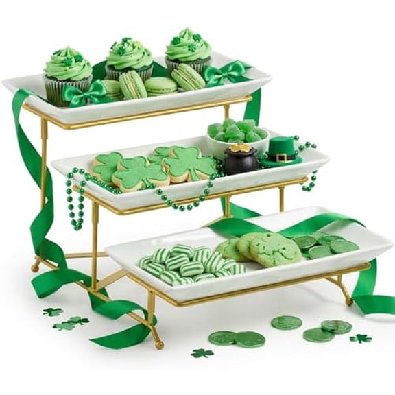 3 Tier Serving Tray, Porcelain Serving Platter Tier Serving Stand with Collapsible Sturdier Rack, Serving Trays and Platters Dessert Party Display Set for St. Patrick's Day, Gold, 12 Inch