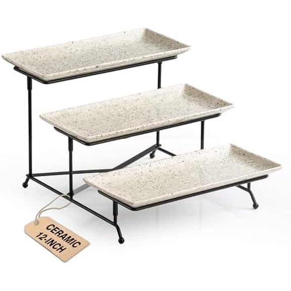 3 Tier Serving Tray, Porcelain Serving Platters and Trays for Party 12 Inch Tiered Tray Stand Cupcake Stand with Collapsible Sturdier Rack for St. Patrick's Day Serving Food, Speckled Glaze