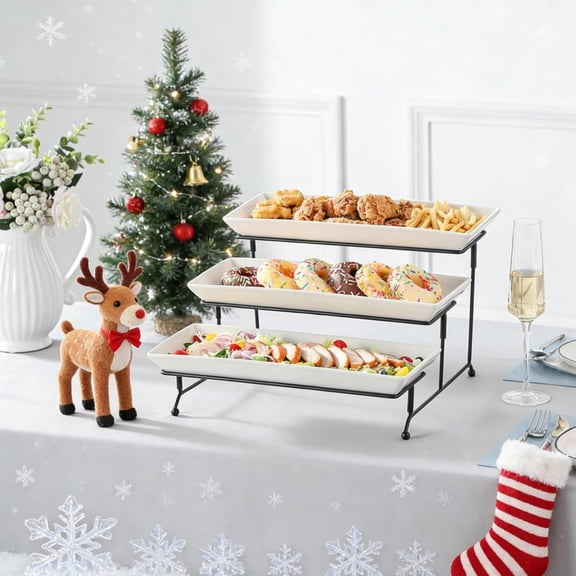 3 Tier Serving Tray, Porcelain Tiered Cupcake Stand, Ceramic Elevated Serving Platter with Collapsible Sturdier Rack,Series PLAT (White, 14 Inch)