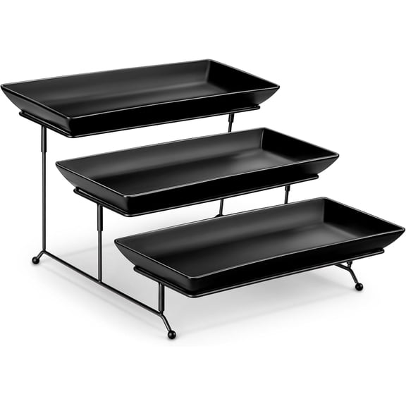 3 Tier Serving Tray, Porcelain Tiered Tray Stand, 14 Inch Ceramic Serving Platter with Collapsible Sturdier Rack, Dessert Wihte, Series PLAT