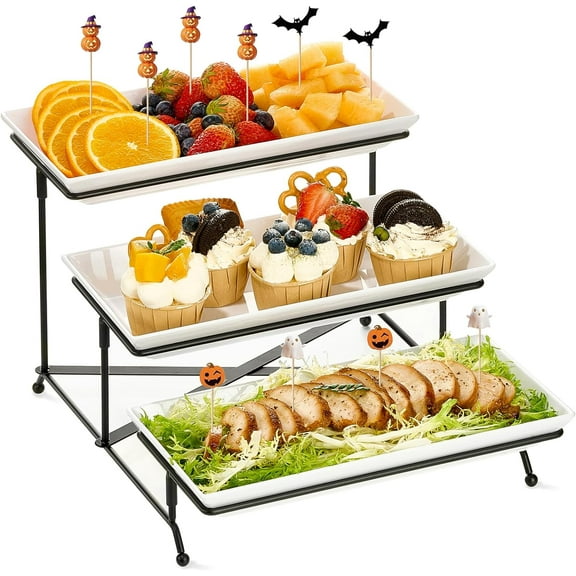 3 Tier Serving Tray Set, 12" Tiered Serving Trays Platters, Reusable Serving Tray for Party, Collapsible Sturdier Stand with Stable Cross Bars, Serving Platters for Veggie, Fruit, Dessert