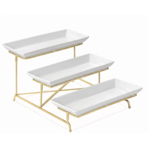 unfmouf 3 Tier Serving Tray Set 14 Inch Porcelain Tiered Serving Platters, Collapsible Sturdier Stand with Stable Cross Bars, Three Layer Serving for Party Entertaining Food Display Fruit Dessert