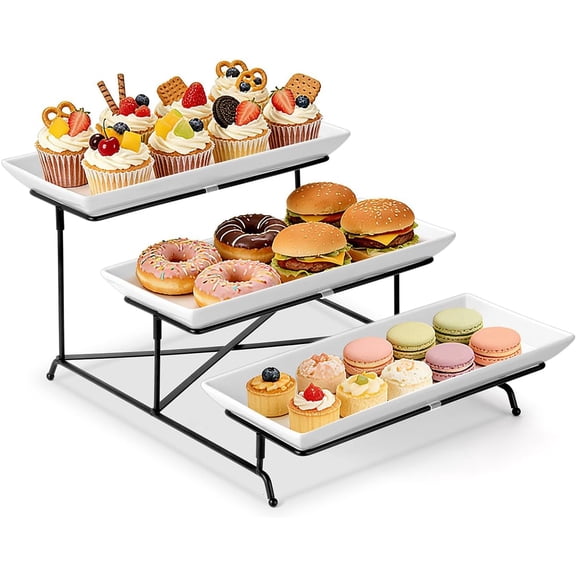 3 Tier Serving Tray Set 14 Inch Porcelain Tiered Trays Platters, Collapsible Sturdier Stand with Stable Cross Bars, Three Layer for Party Entertaining Food Display Fruit Dessert