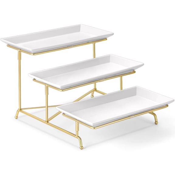 3 Tier Serving Tray Set Porcelain Tiered Serving Platters, Collapsible Sturdier Stand with Stable Cross Bars, 12 Inch Three Layer Serving for Party Entertaining Food Display Fruit Dessert