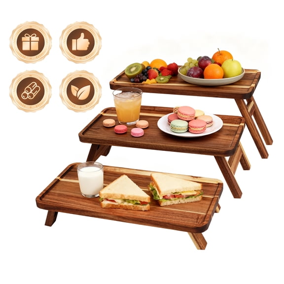 3 Tier Serving Tray Set, Qissep Foldable Wooden Tiered Tray Stand Dessert Table Display Set Decor, Large Charcuterie Boards for Party, Birthday, Wedding,Christmas,Brown