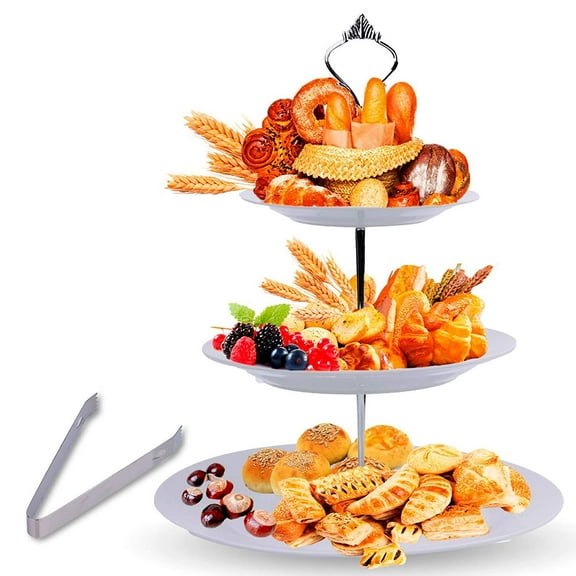 3 Tier Serving Tray Stand - Round Cupcake Dessert Party Platter with BONUS Serving Metal Tongs
