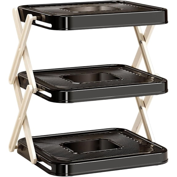 3 Tier Serving Trays for Party, Foldable Serving Tray Stand with X Shaped Legs, Collapsible Food Display Rack, Space Saving Platter Holder for Parties Picnics Kitchen (Black)