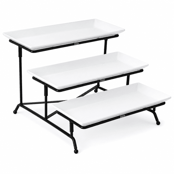 3 Tier Serving Trays for Party, Porcelain Serving Platters with Collapsible Metal Rack, Rectangular Dessert Stand for Cakes, Fruits, Appetizers and Snacks