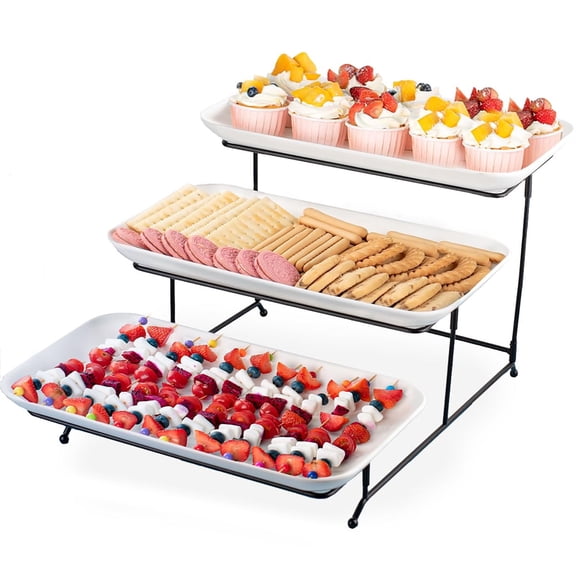 3 Tier Serving Trays for Party, Porcelain Serving Platters and Trays, 12 Inch Tiered Tray Stand, Fruit Tray, Trays for Serving Food, White Dessert Stand with Collapsible Sturdier Metal Rack