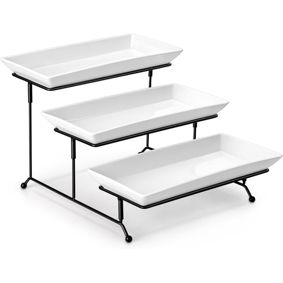 3 Tier Serving Trays for Party, Porcelain Serving Platters and Trays, 12 Inch Tiered Tray Stand, Fruit Tray, Trays for Serving Food, White Dessert Stand with Collapsible Sturdier Metal Rack