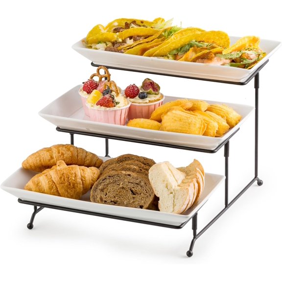 3 Tier Serving Trays Stand Porcelain Serving Platters 12 Inch White Serving Plates Dinner Platters for Appetizer Snack Fruit Cup Cake Server Tray Display Serving Dishes for Entertaining