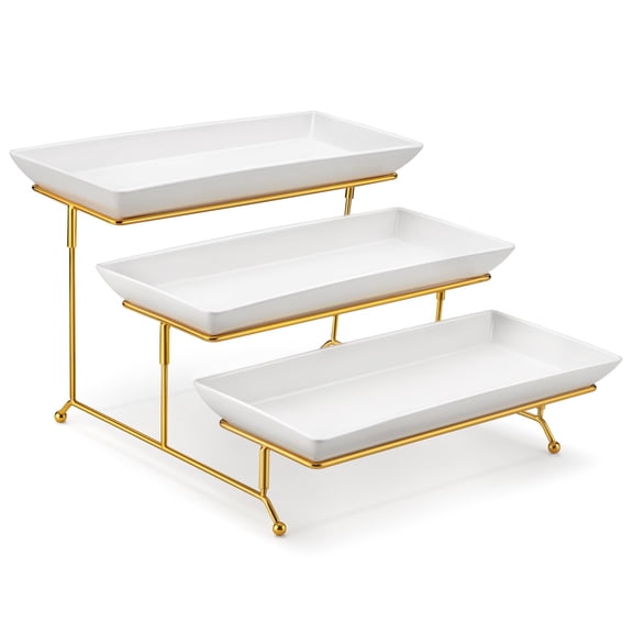 3 Tier Serving Trays White Gold 14 Inch Porcelain Party Dessert Food Stand